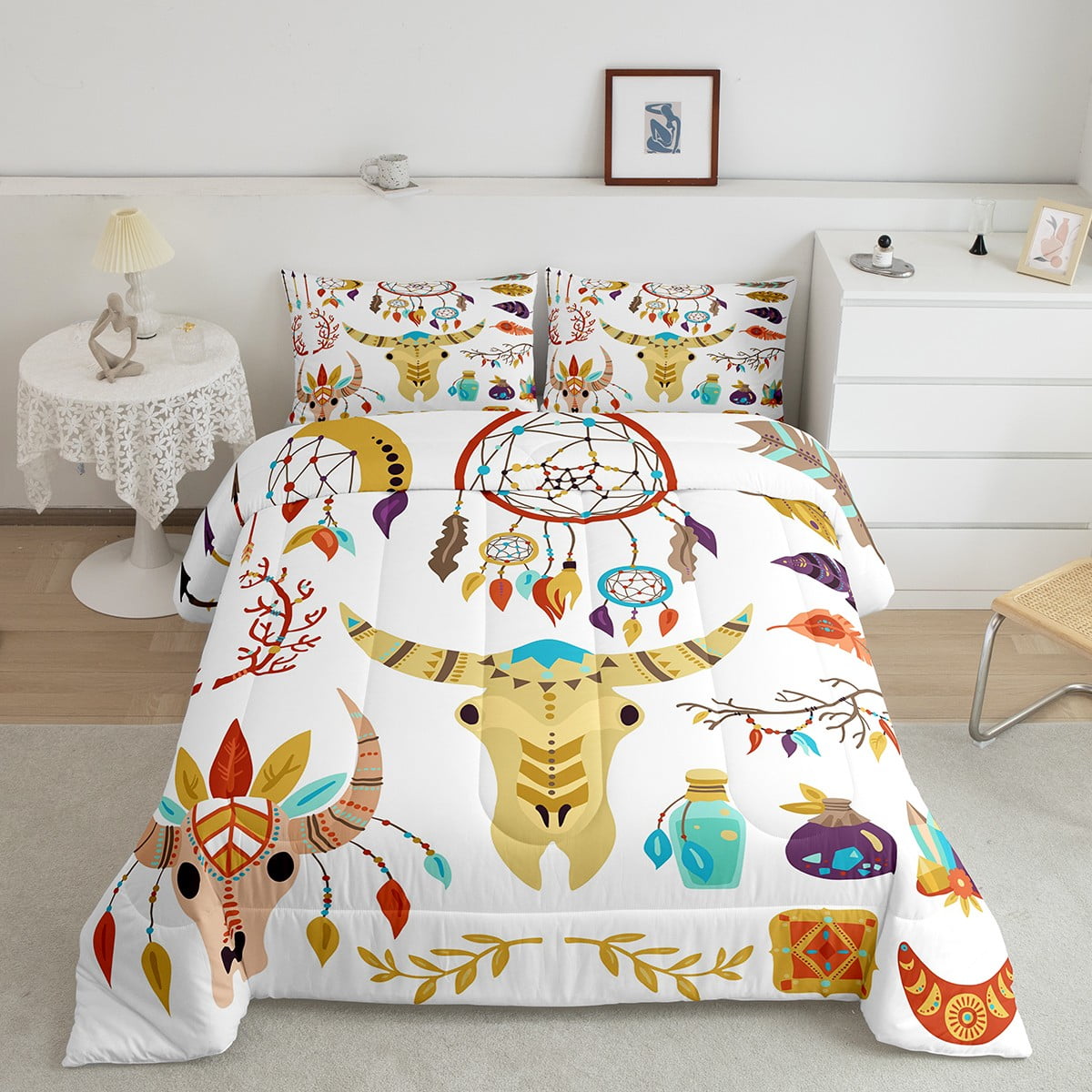 Bull Skull Western Bedding Set Exotic Dream Catchers Quilt,Ethnic Tribe