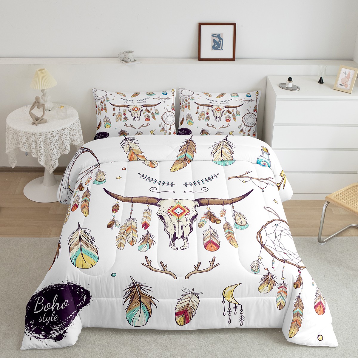 Bull Skull Western Bedding Set Exotic Dream Catchers Quilt,Ethnic Tribe