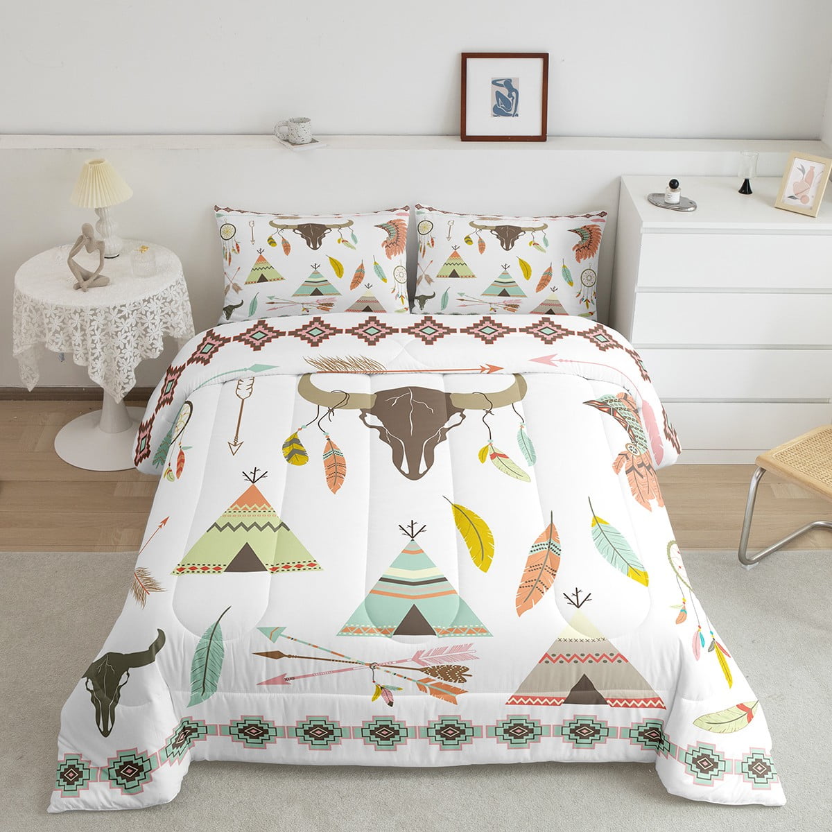 Bull Skull Western Bedding Set Exotic Dream Catchers Quilt,Ethnic Tribe