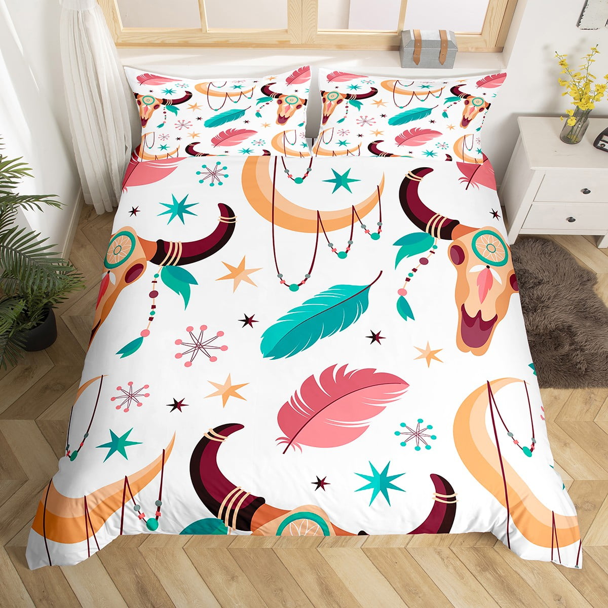 Bull Skull Western Bedding Set Exotic Moon Dream Catchers Comforter