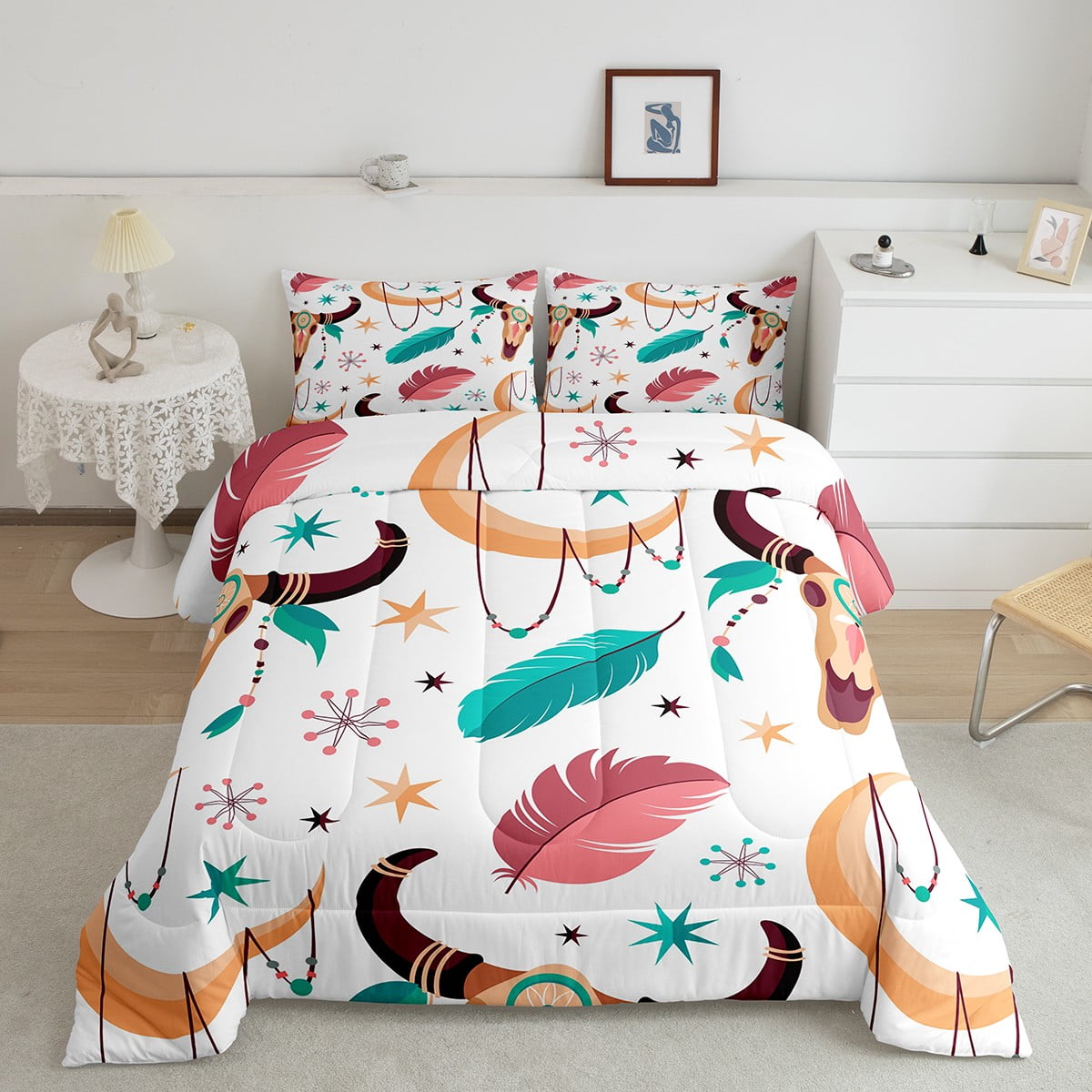 Bull Skull Western Bedding Set Exotic Moon Dream Catchers Quilt,Ethnic