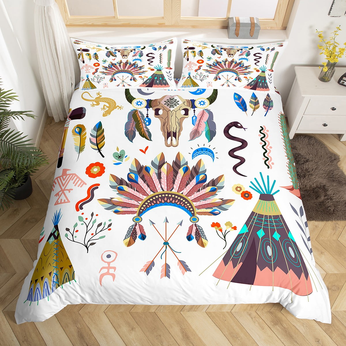 Bull Skull Western Bedding Set Exotic Tribal Tent Comforter Cover,Boho
