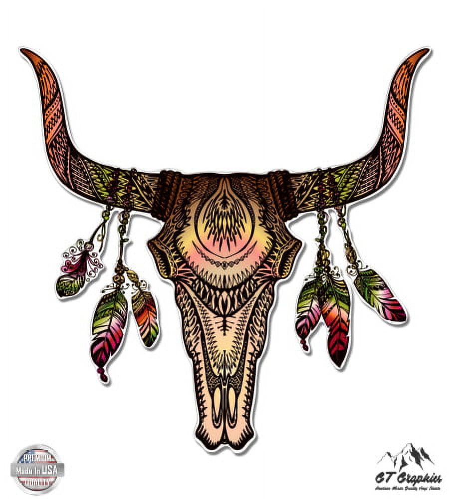 Bull Skull with Feathers Native American Theme - 5\, image size:900x1000