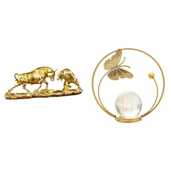 Bull Statue Crystal Ball Sculpture Feng Shui Figurine Modern Artwork Design for Office Desk and Living Room Decor
