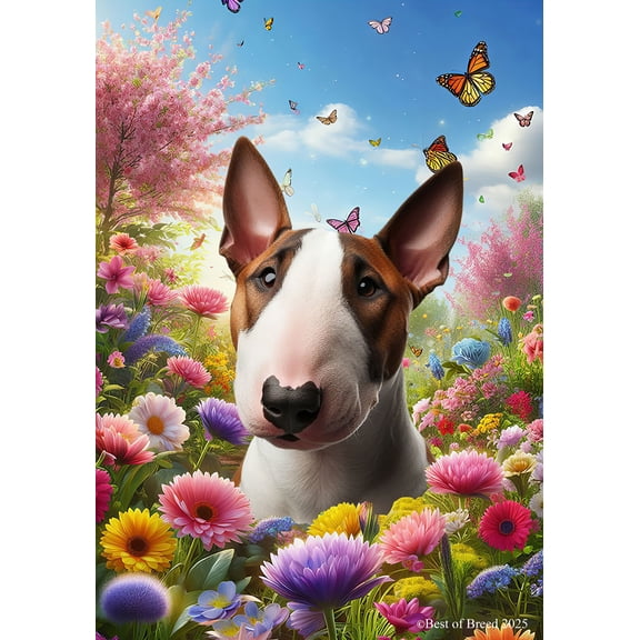 Bull Terrier Brown/White - Best of Breed Spring Butterfly Outdoor Garden Flag 12" x 17" Mailbox Flag