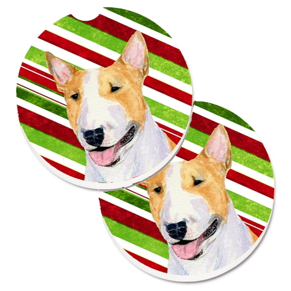 Bull Terrier Candy Cane Holiday Christmas Set of 2 Cup Holder Car Coasters