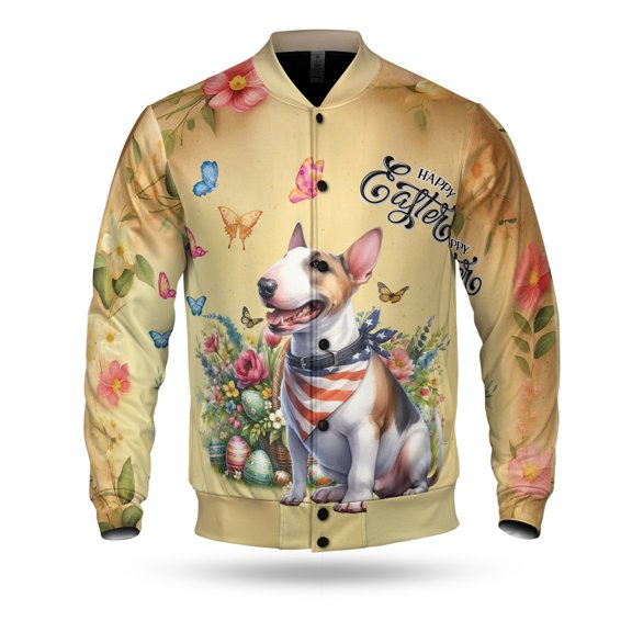 Bull Terrier Celebrates Spring and Enjoys a Happy Easter All Over Print 3D Baseball Jacket Bully Dog Lovers Gifts Idea Bomber Jacket Softball - 02001