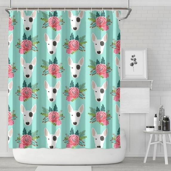 Bull Terrier Dog and Flower Florals Shower Curtain 72"x84" ,Bathroom Decorative Shower Curtains Set with 12 Hooks,Modern Waterproof Washable Shower Curtain
