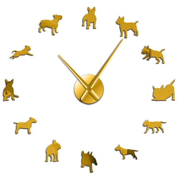 Bull Terrier Dog Wall Art DIY Large Wall Clock Dog Breed Pug Big Needle Clock Watch Pet Shop Decor Gift for Bull Terrier Lovers(Gold,37inch)