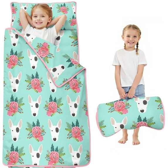 Bull Terrier Dog and Flower Florals Toddler Nap Mats for Kids Preschool,Sleeping Mat Bag or Kids,Toddler Sleeping Bag,Toddler Nap Mat or Daycare