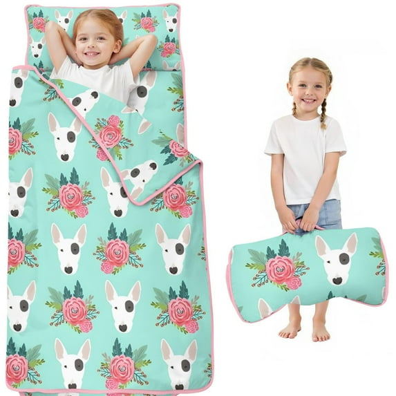 Bull Terrier Dog and Flower Florals Toddler Nap Mats for Kids Preschool,Sleeping Mat Bag or Kids,Toddler Sleeping Bag,Toddler Nap Mat or Daycare