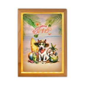 Bull Terrier Hello Summer with Sunglasses and Surfboard Tropical Vibes Acrylic Plaque with Wood Photo Frame Box Bully Dog Lovers Gifts Idea Light Box - 00007