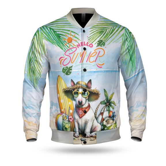 Bull Terrier Hello Summer with Sunglasses and Surfboard Tropical Vibes All Over Print 3D Baseball Jacket Bully Dog Lovers Gifts Idea Bomber Jacket Softball - 00007
