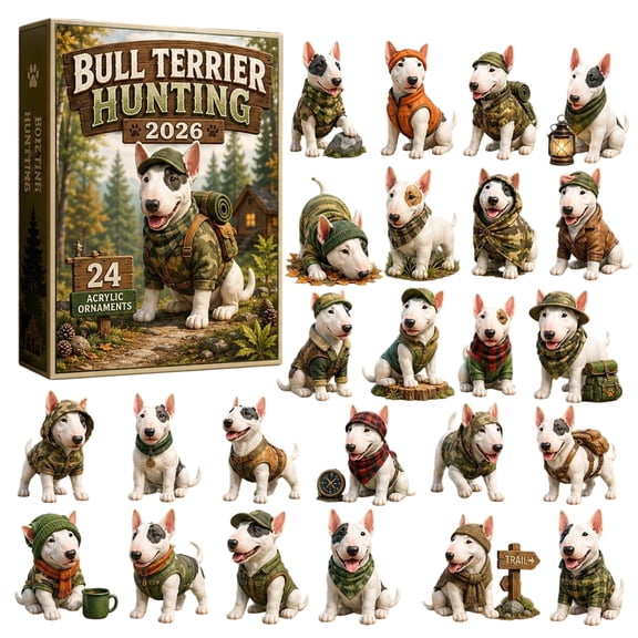 Bull Terrier Hunting 2026 Advent Calendar, 24 Pieces Outdoor Adventure Bull Terrier Acrylic Ornaments, Xmas Countdown Surprise Box, Holiday Gift for Pet Lovers