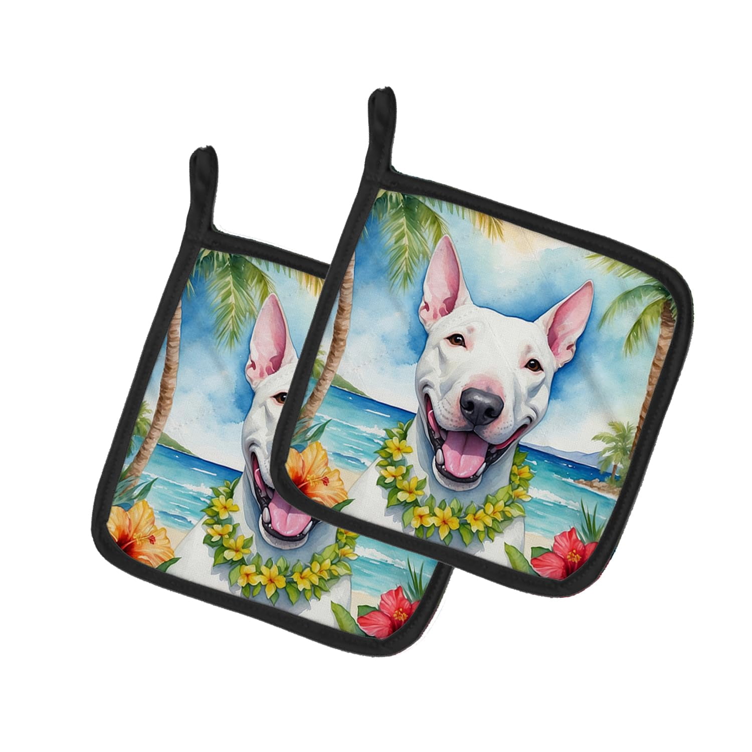 Bull Terrier Luau Pair of Pot Holders