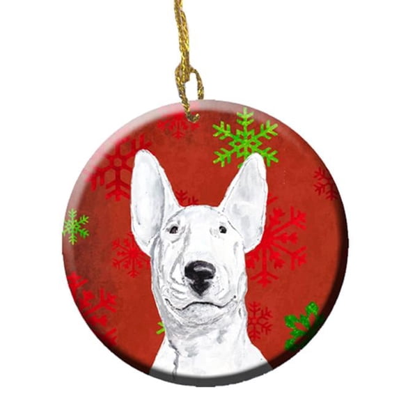 Bull Terrier Red Snowflakes Holiday Ceramic Ornament, 2.81 Dia