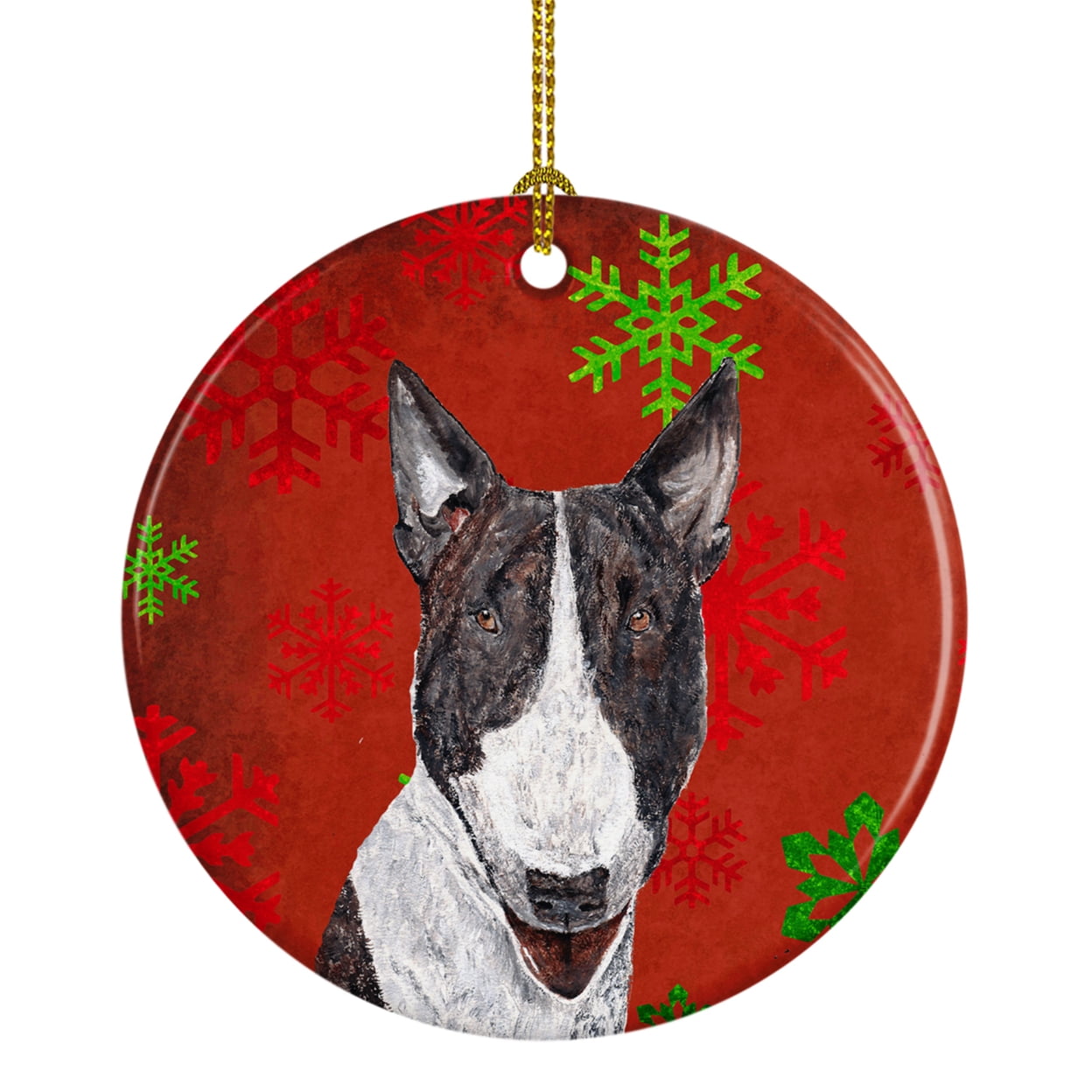 Bull Terrier Red Snowflakes Holiday Ceramic Ornament