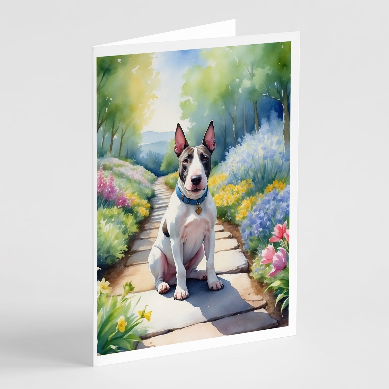 Bull Terrier Spring Path Greeting Cards Pack of 8 7 in x 5 in