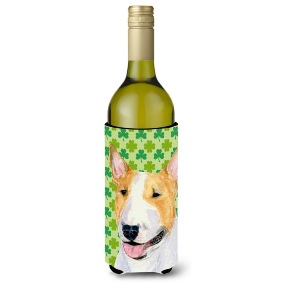 Bull Terrier St. Patricks Day Shamrock Portrait Wine Bottle Hugger