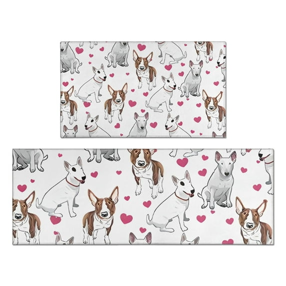 Bull Terriers and Hearts Kitchen Rugs Sets Of 2,Anti Fatigue Kitchen Mat Rugs Non Slip Washable,Decorative Kitchen Floor Mats for Kitchen,Sink,Laundry,17"x30"+17"x47"
