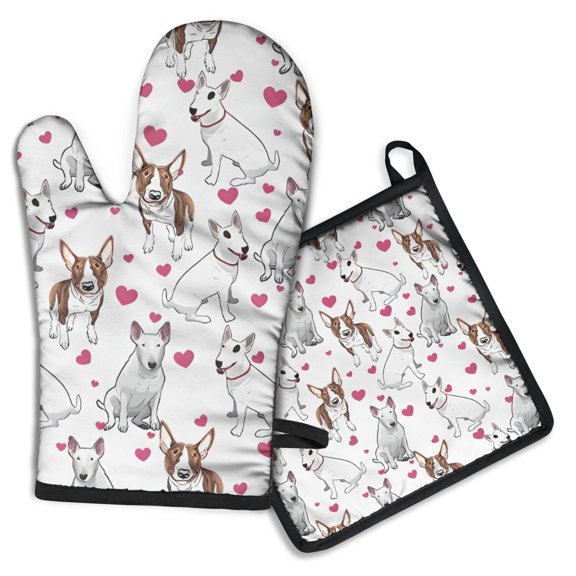 Bull Terriers and Hearts Kitchen Oven Mitt and Pot Holder Sets 2 Pcs for Baking, Cooking and Grilling, Heat Resistant Up To 392 °F
