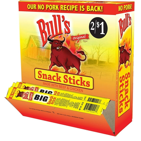 Bull's BIG Meat Sticks Original Beef and Chicken Snack Sticks Box of 100