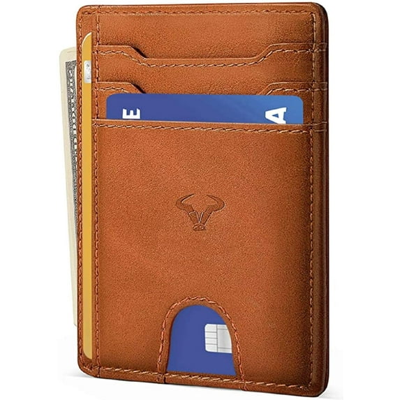 BullCaps Genuine Leather Slim Wallet | RFID Blocking Skinny Minimal Thin Front Pocket Wallet Sleeve Card Holder for Men | 7 Card Slots, 1 ID Window (Tan)