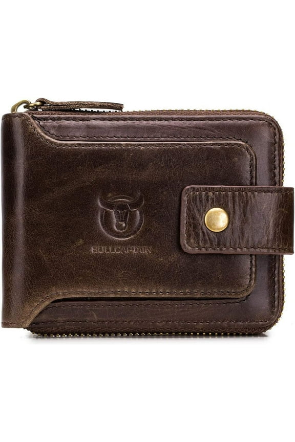 Bullcaptain Genuine Leather Wallet for Men Large Capacity ID Window Card Case with Zip