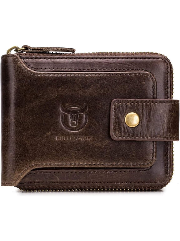 Bullcaptain Genuine Leather Wallet for Men Large Capacity ID Window Card Case with Zip
