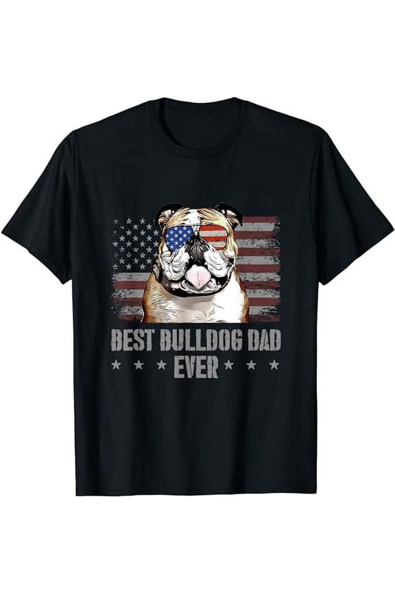 Bulldog Best Dog Dad Ever Retro USA American Flag T-Shirt