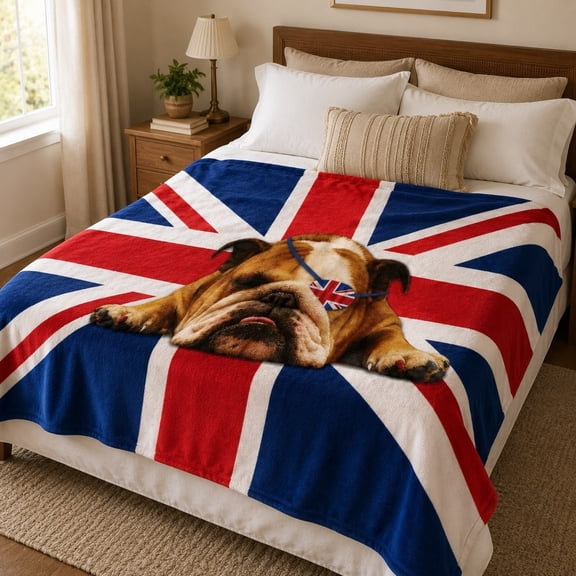 Bulldog British Flag-Inspired Fleece Throw Blanket, 3D Print Polyester