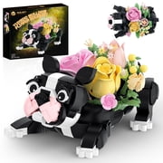 Bulldog Building Blocks Set, Tuxedo Bulldog with Rose Flower Bouquet, 595 Pieces Creative Desktop Decor Collectible, Gift for Adults & Kids 6+