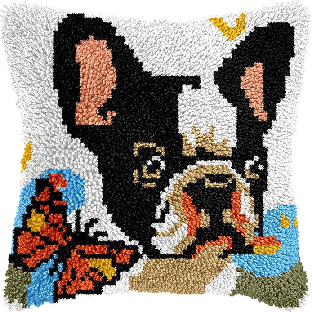 Bulldog & Butterfly Latch Hook Pillow Kits Pillow Cover Latch Hook Crafts Crochet Knitted Hooking Pillowcase Cushion Crafts Embroidery Latch Hooking Kits Material Set 17x17 inch(144)