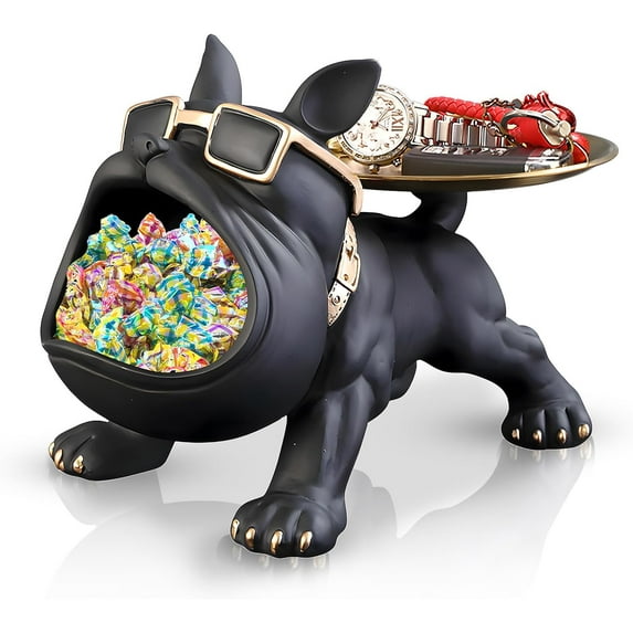 Bulldog Candy Dish Key Holder Bowl, large candy bowl, funny candy jar for office desk, Resin Bulldog Tray decorative Statue for office Home Decor (Black)