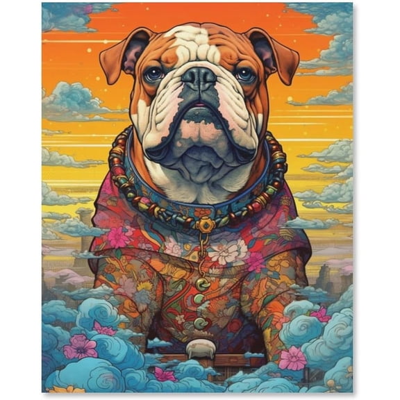 Bulldog Canvas WallDecor Painting Psychedelic Illustration Style Color Painting Art Panel Wall Picture Poster Wall Hanging Sofa Background Painting Entrance Wall Decor Painting 12x16 inch Unframed