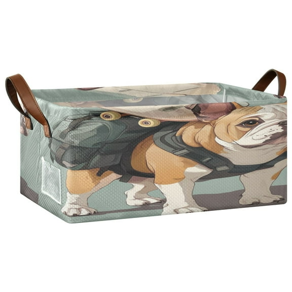 Bulldog Carrying Skateboards Storage Basket Soccer Plaid Fabric Hoard Box Oversized Collapsible Closet Organizer with Metal Iron Frame 16.911.47.7in