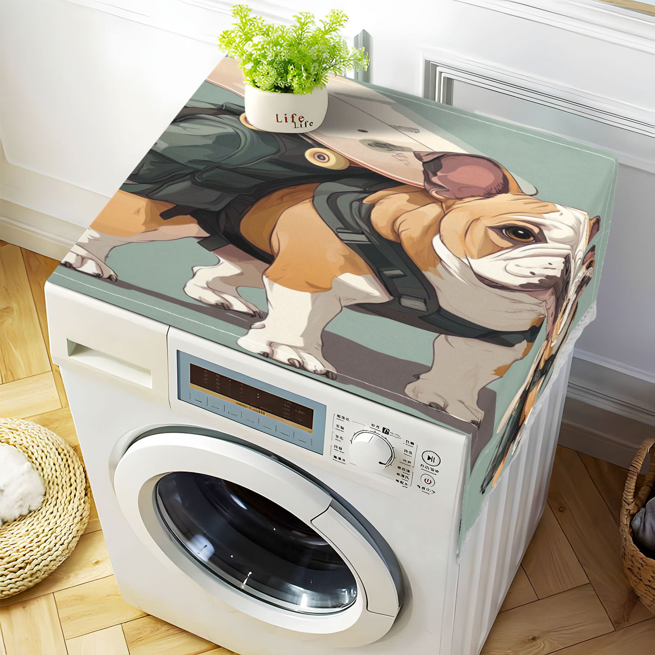 Bulldog Carrying SkateboardsWasher and Dryer Covers Dust-Proof and Oil Resistant Fridge Cover with 4 Storage Pockets Washing Machine Top Cover for Laundry Kitchen Home 51.2 x 22 In