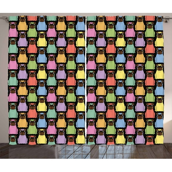 Bulldog Curtains 2 Panels Set, Funny Cartoon Style Puppies in Lively Colors Joyful Fun Pattern for Animal Lovers, Window Drapes for Living Room Bedroom, 108W X 63L Inches, Multicolor, by Ambesonne