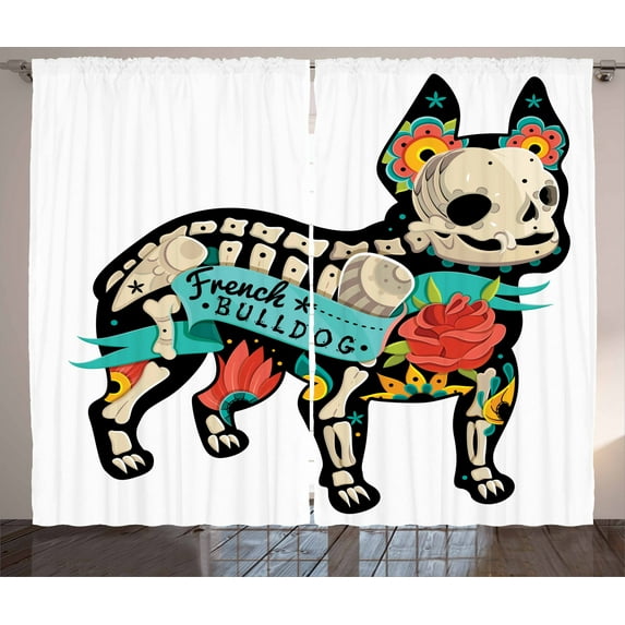 Ambesonne Bulldog Curtains 2 Panel Set, Gothic Skeleton Flowers, 108" x 63", Multicolor