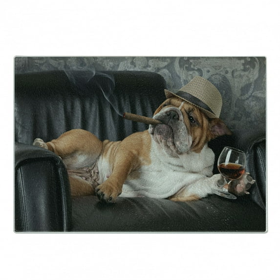 Bulldog Cutting Board, Humorous Photo of a Gentleman Dog Resting in Chair Drink Glass and Cigar, Decorative Tempered Glass Cutting and Serving Board, in 3 Sizes, by Ambesonne