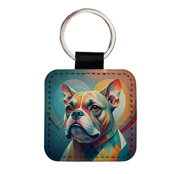 Bulldog Dog Abstract Stylized Art Faux Leather Square Keychain