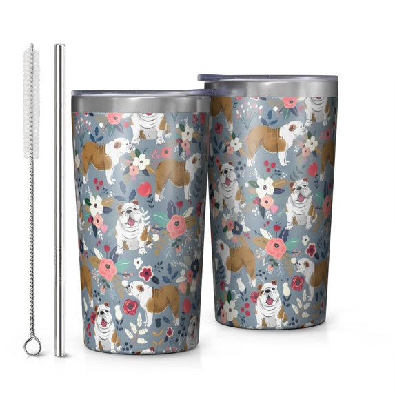 Bulldog Dog and Flower Florals 10oz Tumblers Stainless Steel Tumbler with Lid and Straw,Vacuum Insulated Double Wall Travel Tumbler Cups with Cleaning Brush for Coffee, Tea