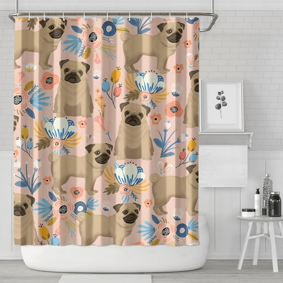 Bulldog Dog and Flower Florals Shower Curtain 72"x84" ,Bathroom Decorative Shower Curtains Set with 12 Hooks,Modern Waterproof Washable Shower Curtain