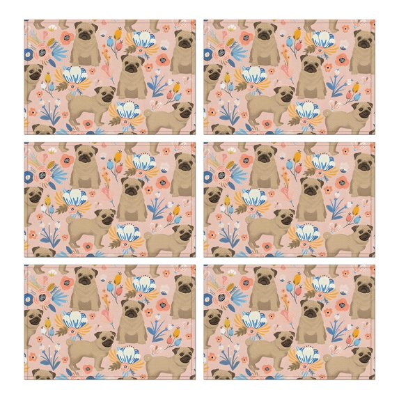 Bulldog Dog and Flower Florals Summer Placemats Table Placemats Set Of 6-Linen Kitchen Washable Placemats Table Mats 11.8"x17.7"Non-Slip Heat Resistant