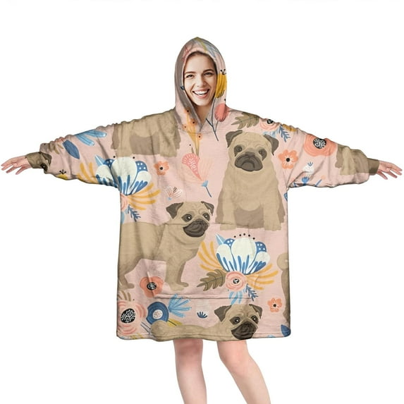 Bulldog Dog and Flower Florals Wearable Oversized Blanket,Wearable Blanket Hoodie for Adults,Cozy Hooded Blankets with Super Pockets,Super Warm Fuzzy Pullover for Women & Men