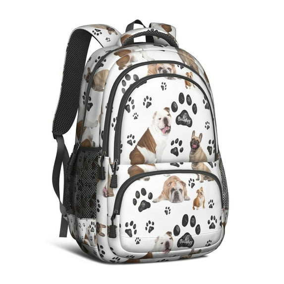 Bulldog Dog and Footprints Backpack for School,Cute School Bag,Schoolbag with Adjustable Shoulder Straps & Padded Back,16.9 Inch