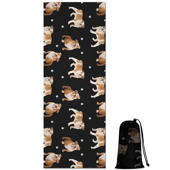 Bulldog Dog and Footprints Hot Yoga Mat Towel Non Slip for Hot Yoga - Quick-Drying Yoga Mat Cover with 4 Corner Pockets with Travel Bag - Hot Yoga Towel Non Slip Grip Moisture Wicking Sweat 70"x26"