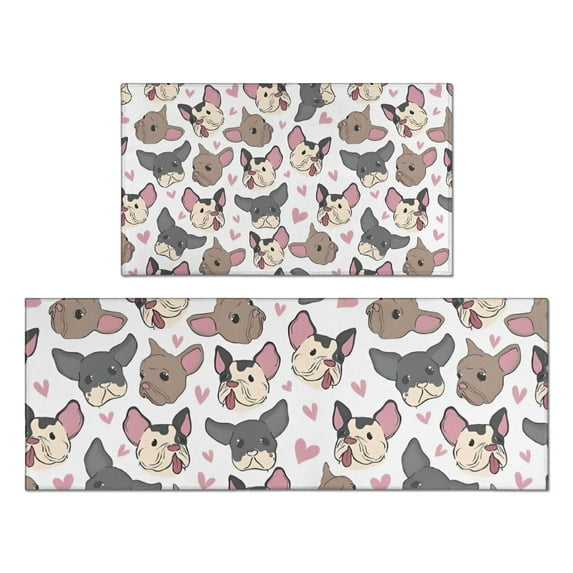 Bulldog Dog and Love Heart Kitchen Rugs Sets Of 2,Anti Fatigue Kitchen Mat Rugs Non Slip Washable,Decorative Kitchen Floor Mats for Kitchen,Sink,Laundry,17"x30"+17"x47"