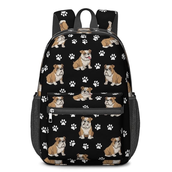 Bulldog and Dog Paw Print Black Pattern 17" School Backpacks for Teens,Waterproof Oxford Fabric,S-Shape Padded Straps for School,Travel,Hiking,Camping