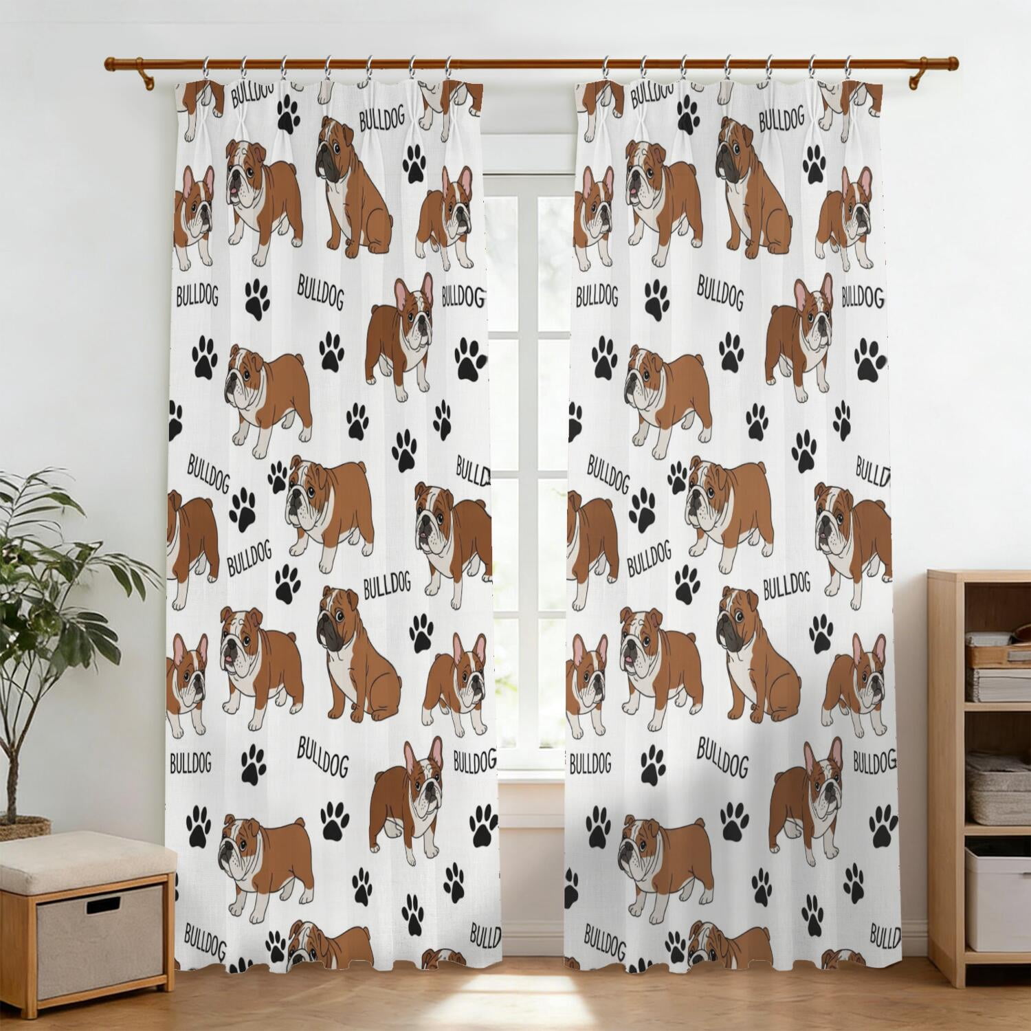 Bulldog and Dog Paw Print White Pattern Pinch Pleat Semi Sheer Linen ...